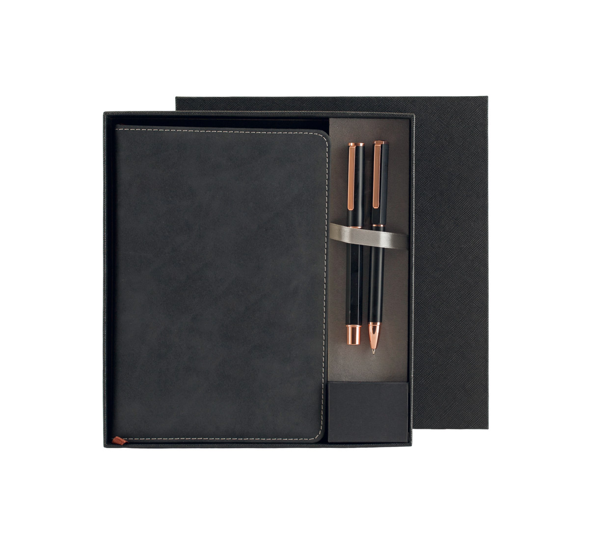 Комплект тефтер, химикалка и ролер в кутия.